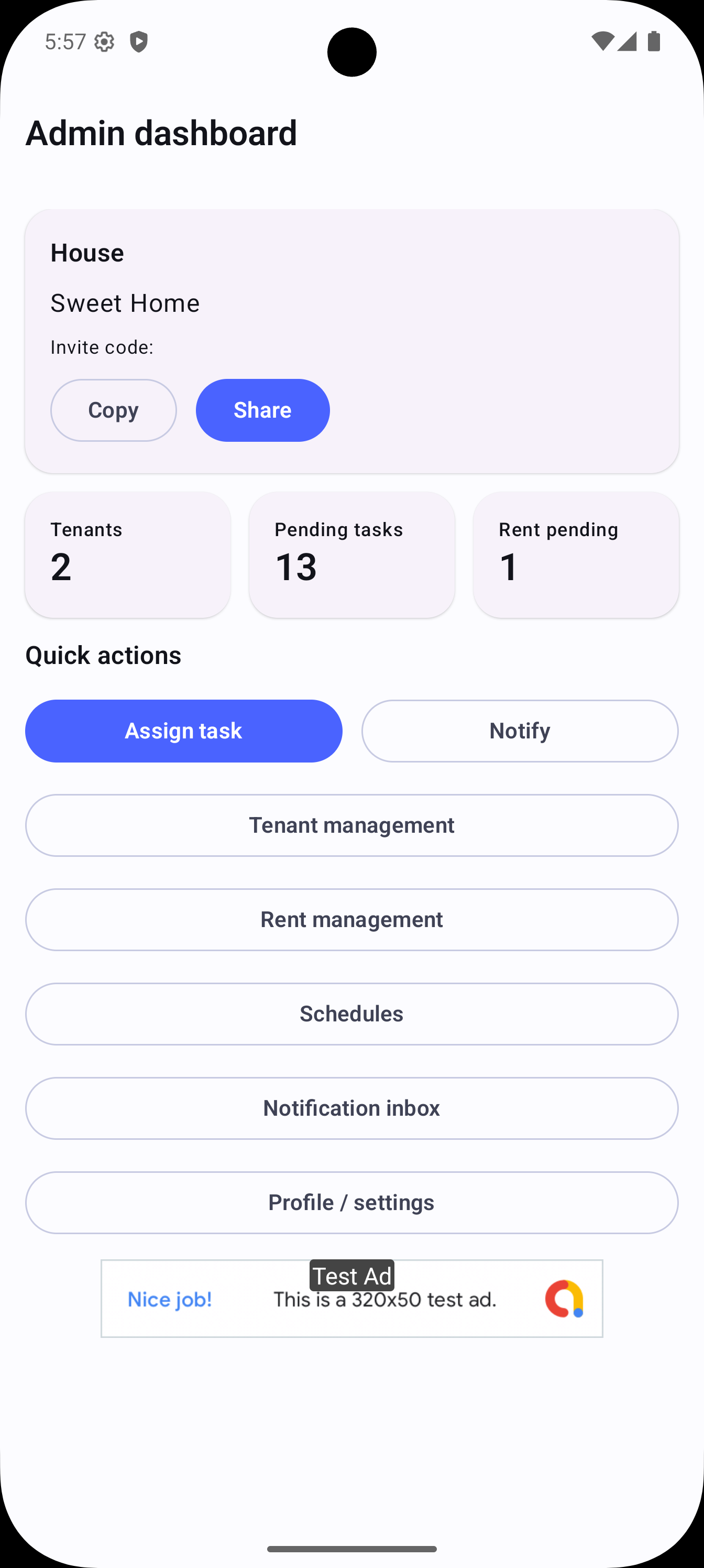 Home Management screenshot showing app screen 1